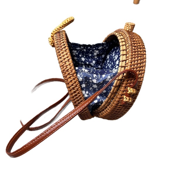 Womens Round Woven Straw Rattan Crossbody Bag Tan Leather Strap Floral Lined - Picture 15 of 16